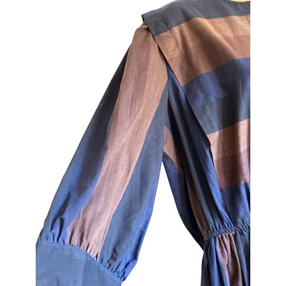 Vintage Striped Midi Dress With Button Closure & Puffed Sleeves - Picture 4 of 14